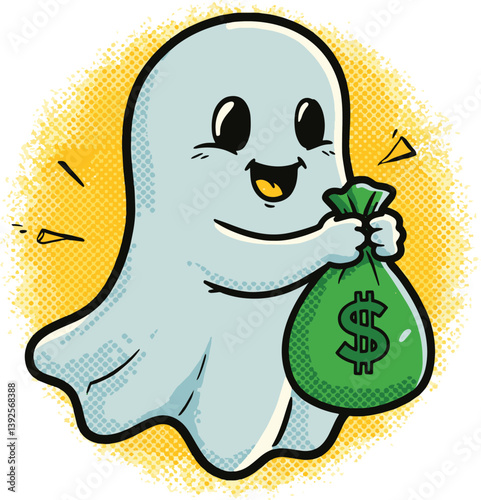 Cute ghost cartoon holding money bag vector illustration design art