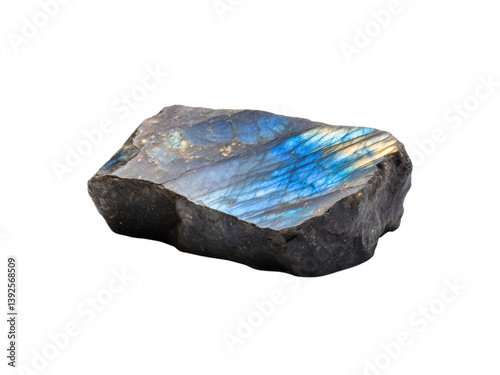 A polished labradorite stone showcasing iridescent blue and gray hues against a black background. Crystal Gem Concept.