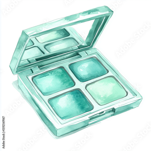 Watercolor Depiction of a Pastel Turquoise Makeup Set on White Background Generative AI