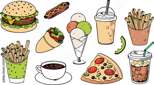 Delicious Fast Food Collection Burgers, Pizza, Fries, Ice Cream