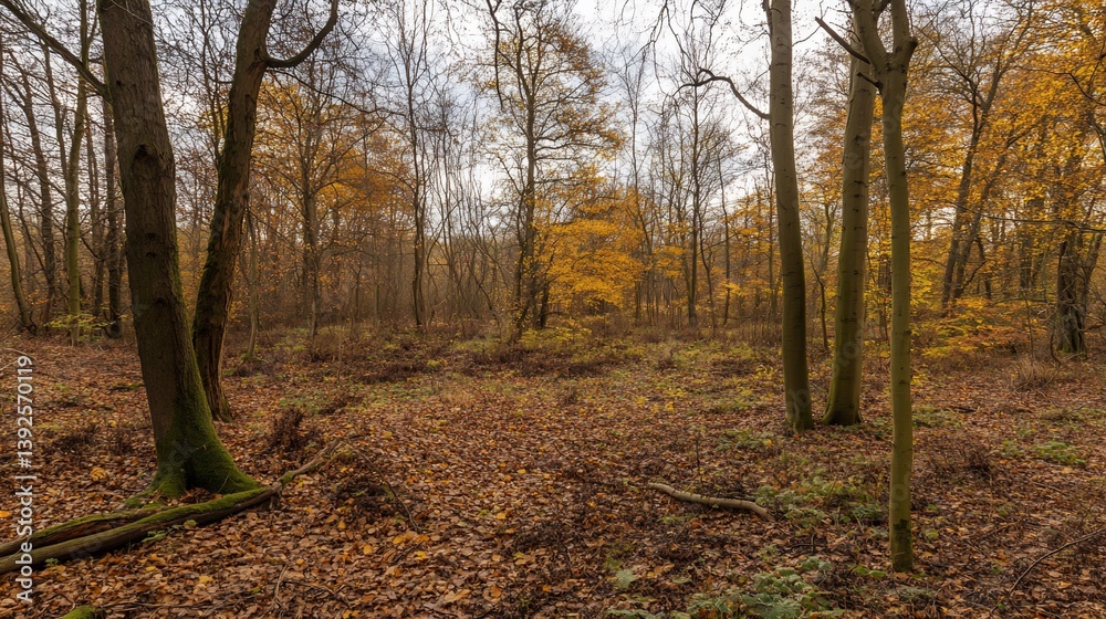 Fototapeta premium Autumnal Woodland Scene with Golden Leaves and Bare Trees in November