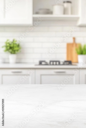 Bright, minimalist kitchen backdrop with a pristine white countertop in the foreground