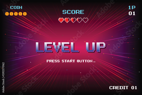 LEVEL UP. pixel art. 8 bit game. retro game. Retro Futurism Sci-Fi Background. glowing neon grid. and stars from vintage arcade computer games