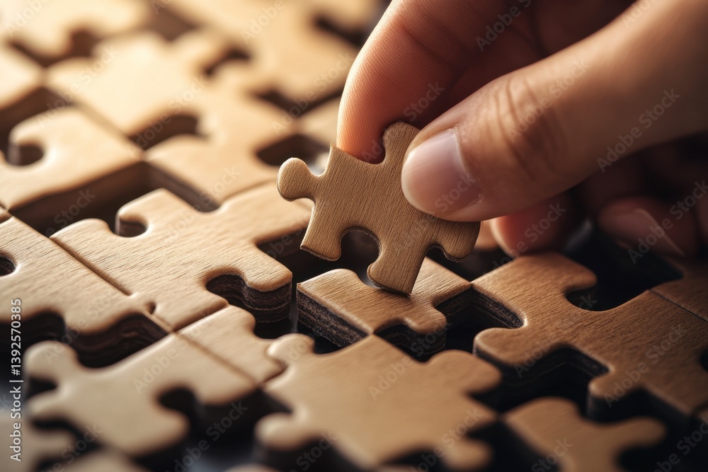 Hand Placing Wooden Puzzle Piece in Unfinished Puzzle Arrangement Hand Placing Wooden Puzzle Piece in Unfinished Puzzle Arrangement