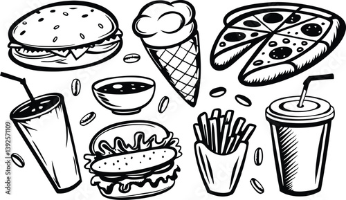 Fast Food Menu Burgers, Pizza, Fries, Soda, Ice Cream