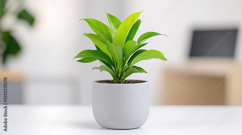 Fototapeta premium Potted plant on a table. Bright, healthy foliage in a light gray pot