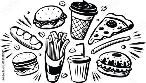 Fast Food Feast Burgers, Pizza, Fries, Soda, and More