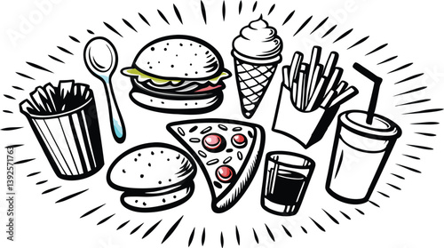 Fast Food Feast Burger, Fries, Pizza, Soda, Ice Cream, Spoon