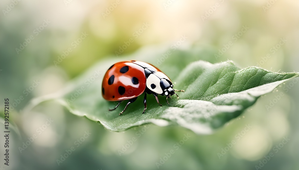 bright ladybug crawling on a fresh green leaf with blurry background bright ladybug crawling on a fresh green leaf with blurry background
