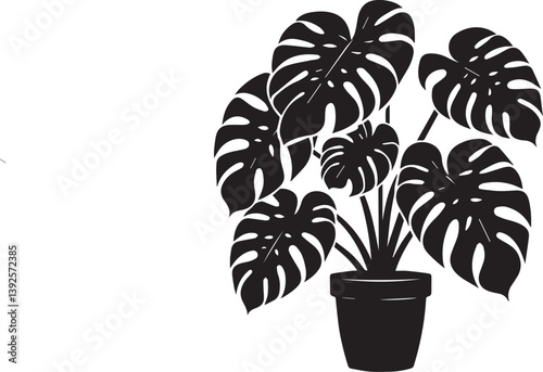 Vector silhouette of a monstera plant in a pot, black color isolated on a white background