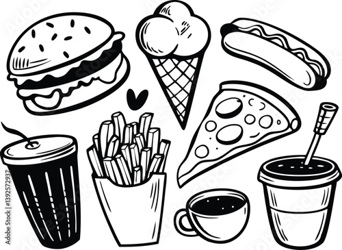 Delicious Fast Food Burgers, Pizza, Fries, Hot Dogs, Ice Cream