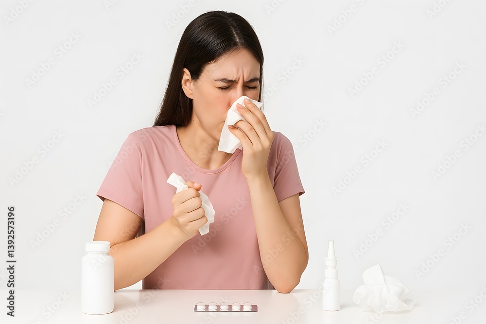 Young Woman Sneezing and Holding Tissues with Allergy Medicine on Table Young Woman Sneezing and Holding Tissues with Allergy Medicine on Table
