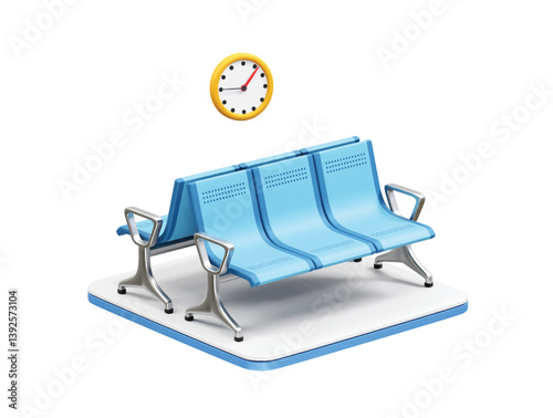 Waiting Area with Clock and Blue Seats icon illustration 3d render