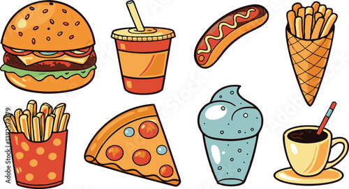 Delicious Fast Food Burgers, Pizza, Fries, Soda, Hot Dog