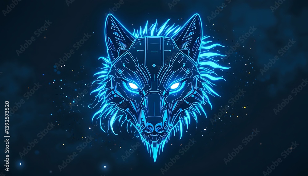 Fototapeta Neon Cyber Wolf Head: Futuristic Digital Art Wallpaper