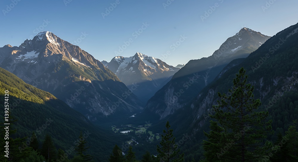 Obraz premium Alpine Majesty: Dawn's Embrace on the Mountain Valley AI Generated