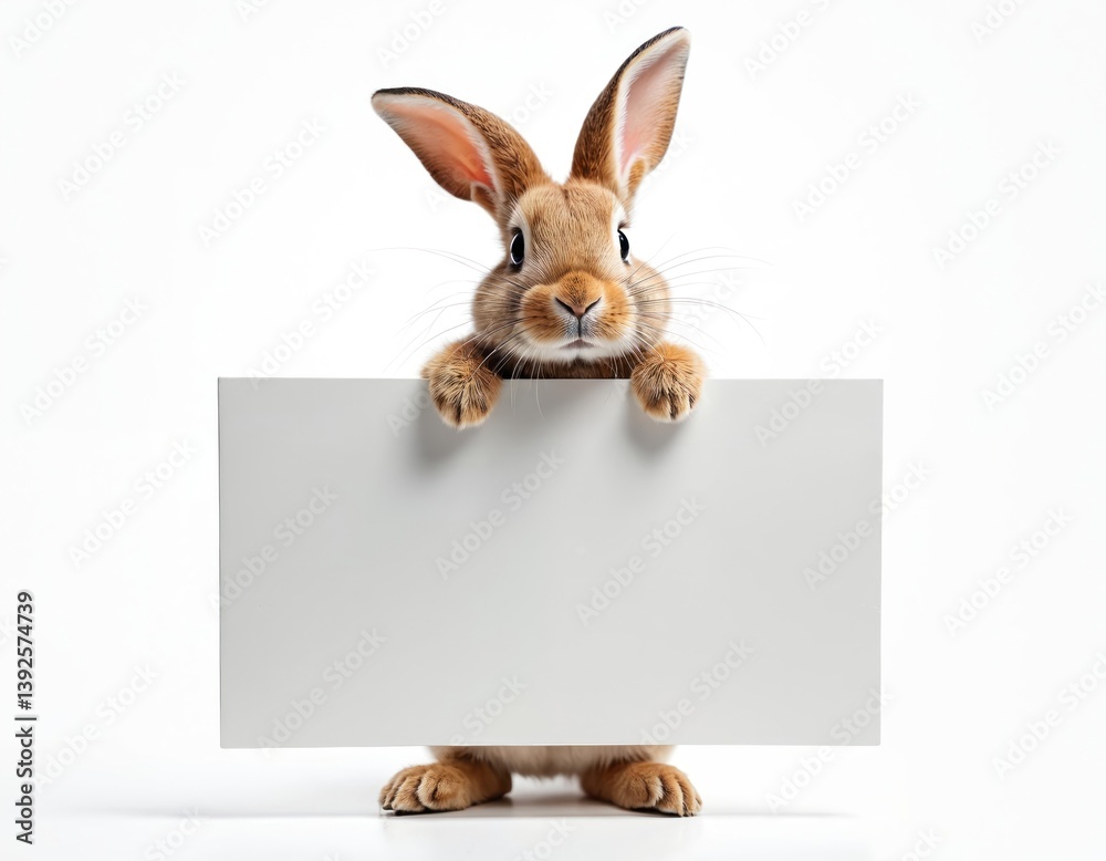 Obraz premium Brown bunny rabbit holding blank advertising board isolated white background. Cute animal mascot peeking, ready for message. Easter bunny, spring holiday design. Ideal for advertising, banner,