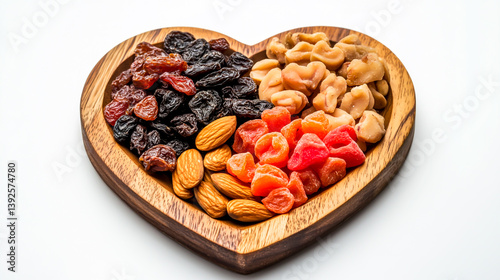 Heart-shaped wooden plate with dried fruits, nuts, and khanom chan on a white background photo