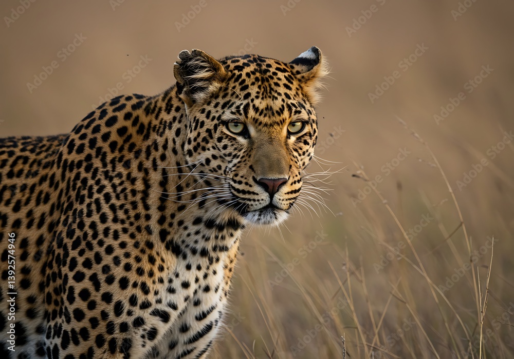 Majestic leopard portrait on blurred background, powerful wildlife photography