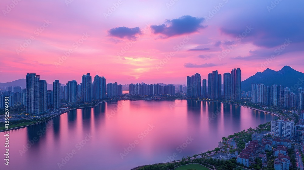 Obraz premium Sunset cityscape over tranquil lake