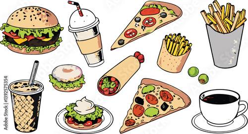 Fast Food Feast Burgers, Pizza, Fries, and Refreshing Drinks