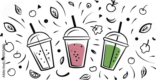 Refreshing Fruit Smoothies Healthy Drinks, Green, Pink, and Berry