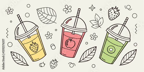 Refreshing Fruit Smoothies Strawberry, Apple, Kiwi Drinks