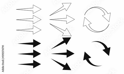 Air flow arrow icons in flat and outline styles. Multiple direction and circulation variants. Ideal for ventilation, HVAC, wind, and technical vector illustrations