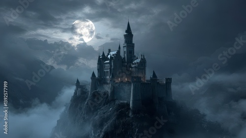 Enigmatic Citadel Under Lunar Glow: A gothic castle, silhouetted against a dramatic night sky, crowned by a full moon and shrouded in atmospheric mist.