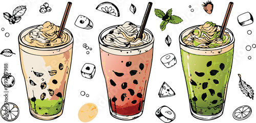 Refreshing Boba Tea Trio Matcha, Strawberry, Cream