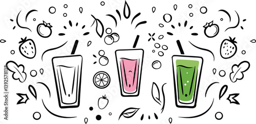 Refreshing Fruit Smoothies Strawberry, Green, and Pink Drinks