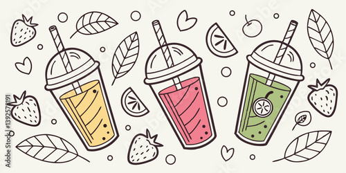 Refreshing Fruit Smoothies Strawberry, Watermelon, Kiwi Drinks