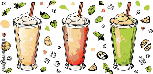 Refreshing Iced Cream Beverages Three Flavors, Mint, Lime
