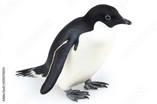 a penguin is standing on a white surface