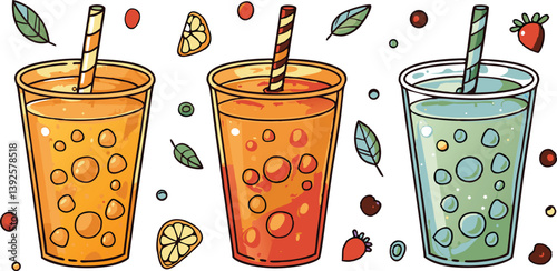 Refreshing Fruit Smoothies Orange, Red, Green Drinks with Straws