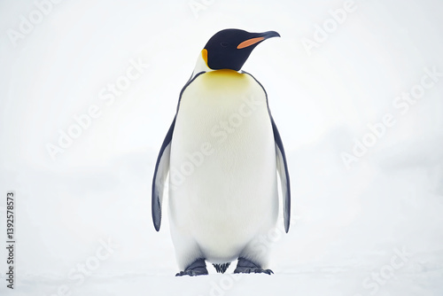 a penguin standing in the snow with its head turned