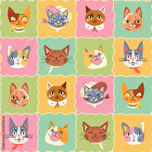 Cat gingham seamless pattern. Cute Tartan check for tablecloths, clothes, packaging. Cozy cute animal pet character background