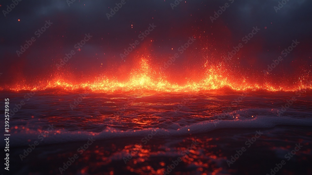 Naklejka premium Fiery ocean blaze at night