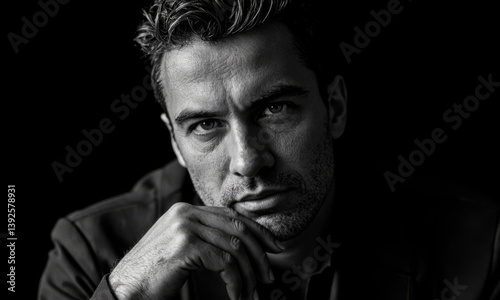 Thoughtful Man Portrait - Hand on Face, Dim Light Black and White