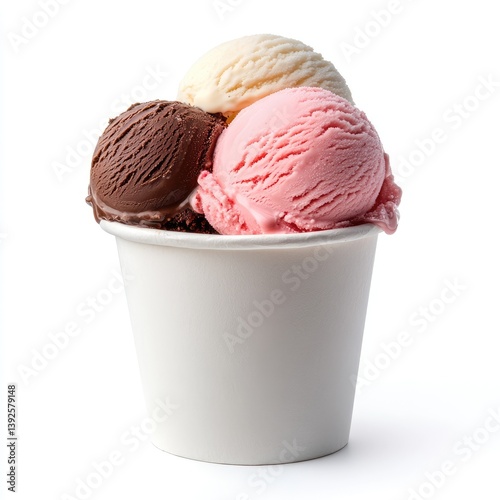 Three scoops of ice cream in a white cup