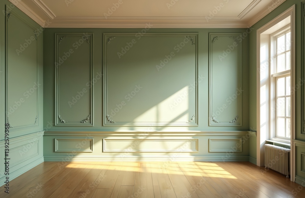 Fototapeta premium Empty sage color interior room. Sunlight through the window on walls and wooden floor. Classic design, moulding, paneling, empty copy space. Modern minimalist apartment, luxury house.