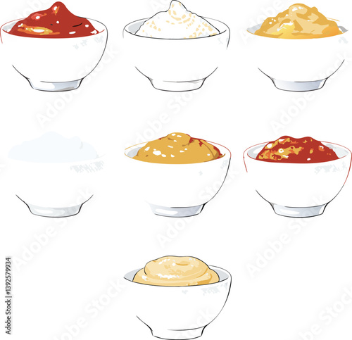 Six Delicious Condiments Sauces, Dips, and Spreads in Bowls