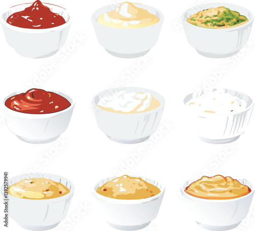 Nine Delicious Dipping Sauces Ketchup, Mayonnaise, Pesto, Ranch, Sour Cream, Various Condiments