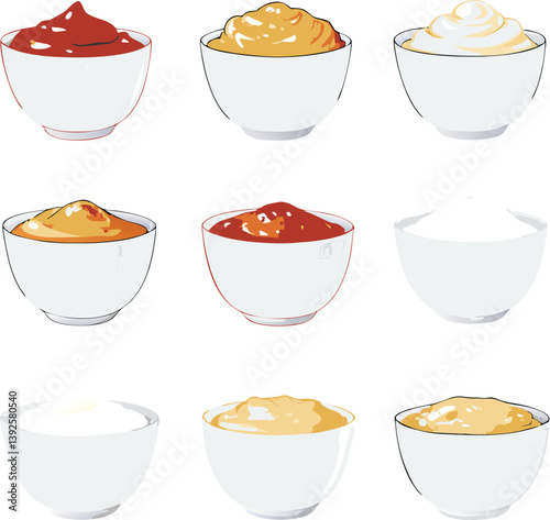 Nine Bowls of Delicious Sauces Ketchup, Mustard, Mayonnaise, and More