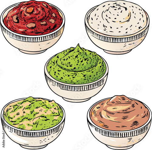 Five Delicious Dips Guacamole, Salsa, Hummus, Ranch, and Chili
