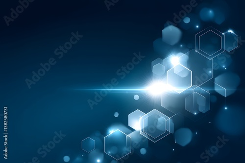 Abstract Blue Background with Hexagonal Shapes and Light Flare
