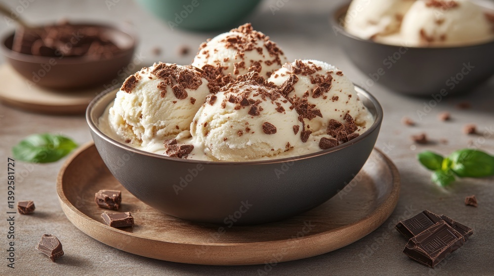 Creamy vanilla ice cream with chocolate topping in bowl Creamy vanilla ice cream with chocolate topping in bowl