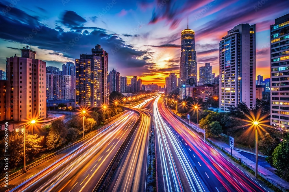 Fototapeta premium Enchanting Long Exposure City Lights A Nighttime Urban Exploration Through Photography