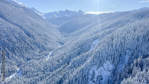 snow covered whistler mountains seen from high up photo