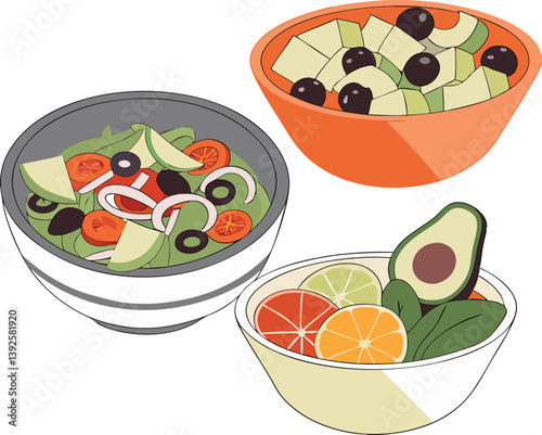 Three Delicious Healthy Salads Avocado, Olive, Citrus Bowls